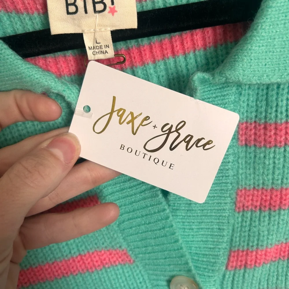 BiBi Women's V-Neck Striped Sweater - Teal and Pink - Picture 10 of 11